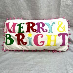 ACCENT PILLOW "Merry & Bright" White Pink Rectangular Pom Pom Border